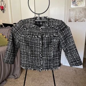 Nine West Women’s Black White Tweed fringe jacket Open Front Size 6
